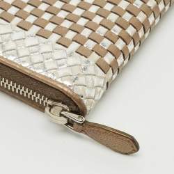 Pre Owned Prada Silver/Gold Woven Madras Leather Zip Continental Wallet