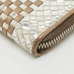 Pre Owned Prada Silver/Gold Woven Madras Leather Zip Continental Wallet