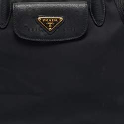 Pre Owned Prada Black Saffiano Leather and Nylon Front Pocket Tote