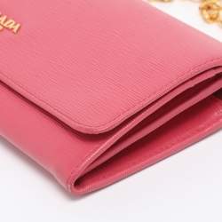 Pre Owned Prada Pink Vitello Move Leather Logo Flap Wallet On Chain