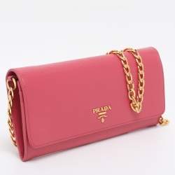 Pre Owned Prada Pink Vitello Move Leather Logo Flap Wallet On Chain