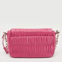 Pre Owned Prada Fuchsia Nappa Gaufre Leather Flap Shoulder Bag