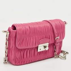 Pre Owned Prada Fuchsia Nappa Gaufre Leather Flap Shoulder Bag
