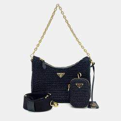 Pre Owned Prada Black Raffia Raffia Chain Strap Hobo Bag