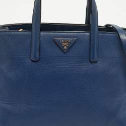 Pre Owned Prada Navy Blue Saffiano Cuir Leather Triple Pocket Tote