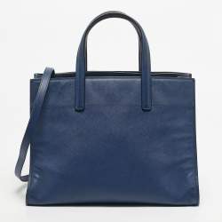 Pre Owned Prada Navy Blue Saffiano Cuir Leather Triple Pocket Tote