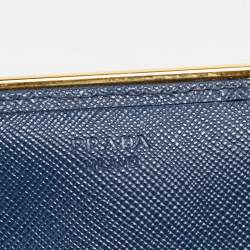 Pre Owned Prada Blue Saffiano Leather Metal Bar Flap Continental Wallet