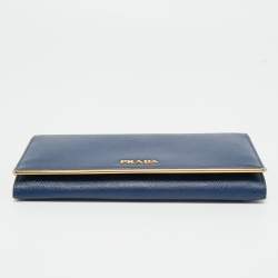 Pre Owned Prada Blue Saffiano Leather Metal Bar Flap Continental Wallet