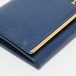 Pre Owned Prada Blue Saffiano Leather Metal Bar Flap Continental Wallet
