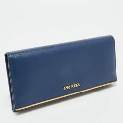Pre Owned Prada Blue Saffiano Leather Metal Bar Flap Continental Wallet