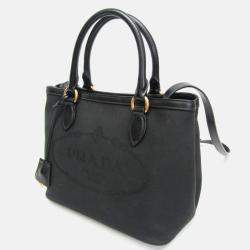 Pre Owned Prada Logo Black Jacquard/Leather Shoulder Bag