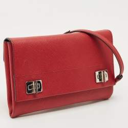 Pre Owned Prada Red Saffiano Lux Leather Double Turnlock Flap Crossbody Bag