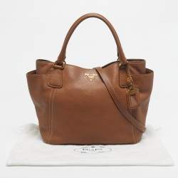 Pre Owned Prada Brown Vitello Daino Leather Side Pocket Tote