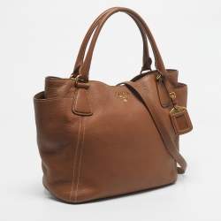 Pre Owned Prada Brown Vitello Daino Leather Side Pocket Tote