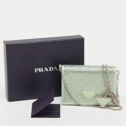Pre Owned Prada Light Green Satin Crystal Metal Triangle Logo Chain Card Holder