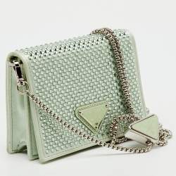 Pre Owned Prada Light Green Satin Crystal Metal Triangle Logo Chain Card Holder
