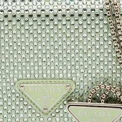 Pre Owned Prada Light Green Satin Crystal Metal Triangle Logo Chain Card Holder
