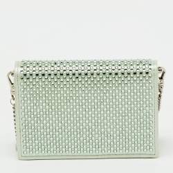 Pre Owned Prada Light Green Satin Crystal Metal Triangle Logo Chain Card Holder