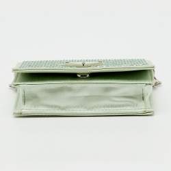 Pre Owned Prada Light Green Satin Crystal Metal Triangle Logo Chain Card Holder