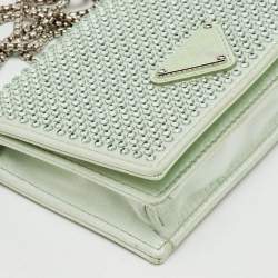 Pre Owned Prada Light Green Satin Crystal Metal Triangle Logo Chain Card Holder