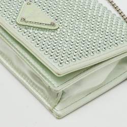 Pre Owned Prada Light Green Satin Crystal Metal Triangle Logo Chain Card Holder