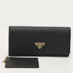 Pre Owned Prada Black Saffiano Metal Leather Triangle Logo Flap Continental Wallet