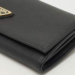 Pre Owned Prada Black Saffiano Metal Leather Triangle Logo Flap Continental Wallet