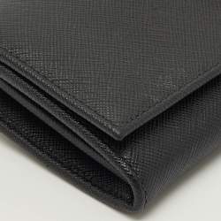 Pre Owned Prada Black Saffiano Metal Leather Triangle Logo Flap Continental Wallet