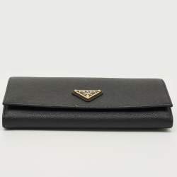 Pre Owned Prada Black Saffiano Metal Leather Triangle Logo Flap Continental Wallet