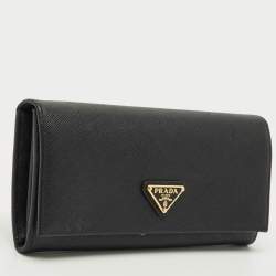 Pre Owned Prada Black Saffiano Metal Leather Triangle Logo Flap Continental Wallet