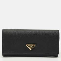 Pre Owned Prada Black Saffiano Metal Leather Triangle Logo Flap Continental Wallet