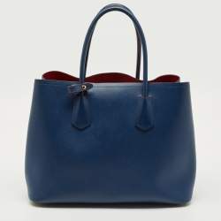 Pre Owned Prada Blue Saffiano Cuir Leather Large Double Handle Tote