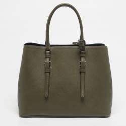 Pre Owned Prada Military Green Saffiano Cuir Leather Large Double Handle Tote