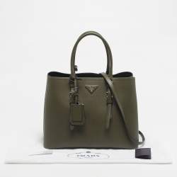 Pre Owned Prada Military Green Saffiano Cuir Leather Large Double Handle Tote