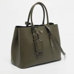 Pre Owned Prada Military Green Saffiano Cuir Leather Large Double Handle Tote