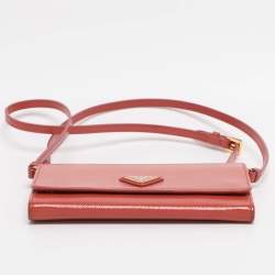 Pre Owned Prada Brick Red Patent Leather Logo Flap Wallet on Strap