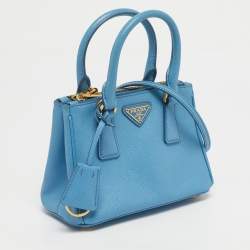 Pre Owned Prada Blue Saffiano Lux Leather Micro Double Zip Tote