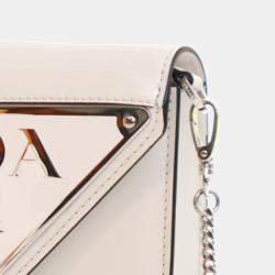 Pre Owned Prada White Spazzolato Triangle Logo Plate Flap Chain Crossbody