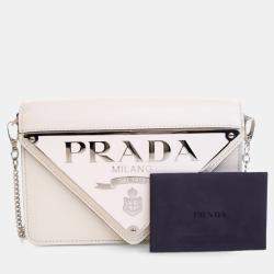 Pre Owned Prada White Spazzolato Triangle Logo Plate Flap Chain Crossbody