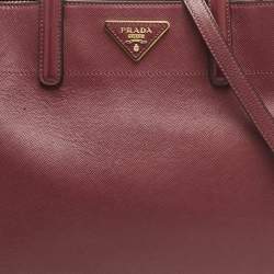 Pre Owned Prada Burgundy Saffiano Soft Leather Middle Zip Tote