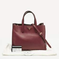 Pre Owned Prada Burgundy Saffiano Soft Leather Middle Zip Tote