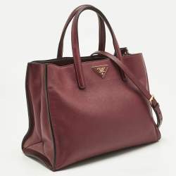 Pre Owned Prada Burgundy Saffiano Soft Leather Middle Zip Tote