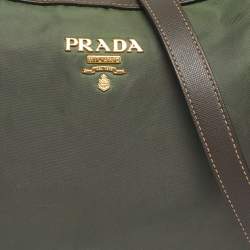 Pre Owned Prada Green/Brown Leather and Nylon Logo Crossbody Bag