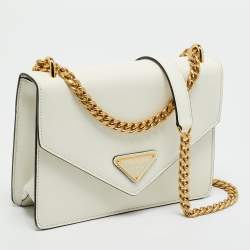 Pre Owned Prada White Saffiano Lux Leather Triangle Logo Envelope Chain Bag