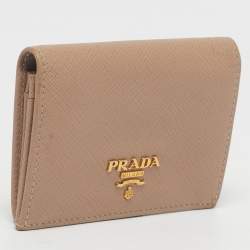 Pre Owned حافظة بطاقات برادا جلد سافيانو معدني بيج قابلة للطي