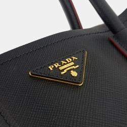 Pre Owned Prada Black Leather Saffiano Double Tote and Shoulder Bag