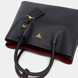 Pre Owned Prada Black Leather Saffiano Double Tote and Shoulder Bag