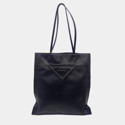 Pre Owned Prada Black Leather Logo Tote Bag