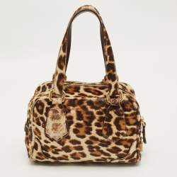 Pre Owned Prada Brown Leopard Print Calfhair Boston Bag