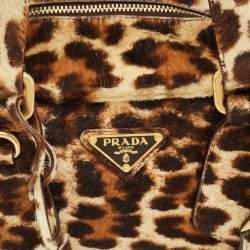 Pre Owned Prada Brown Leopard Print Calfhair Boston Bag